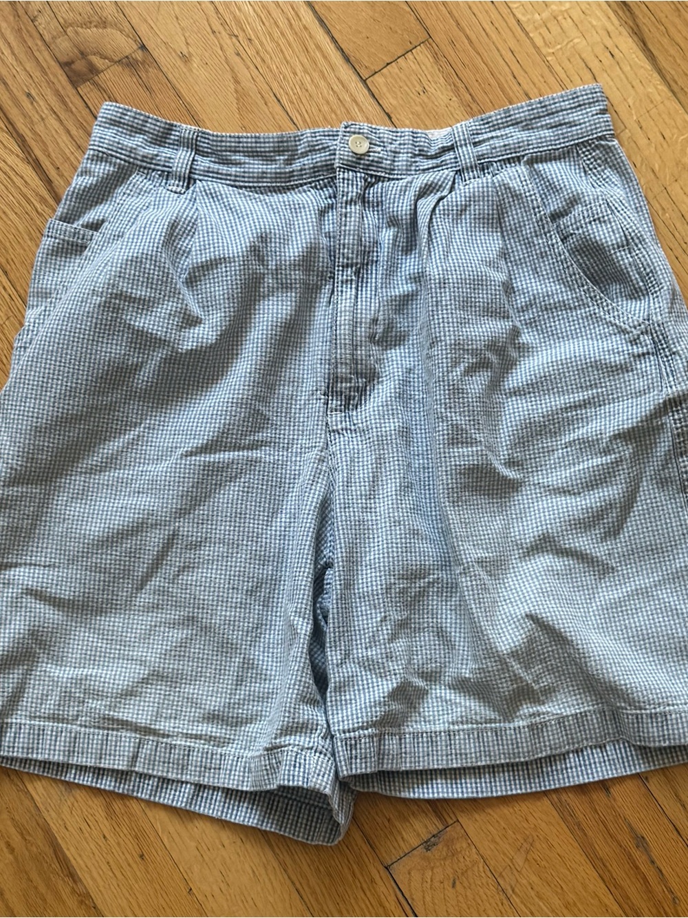 Gloria Vanderbilt Light Blue Micro-Check High Waist Shorts - Seersucker Style